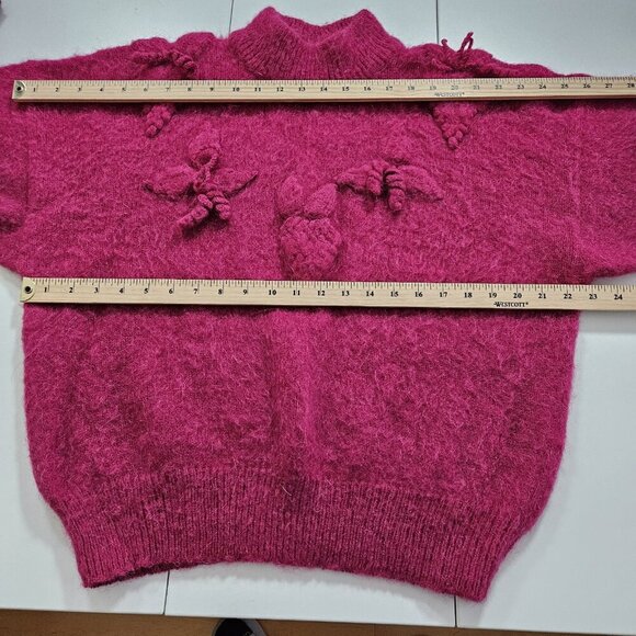 Unbranded Handknit Sweater Women M/L Fucsia LS Mock Neck Embellished Boho Preppy - Picture 3 of 11